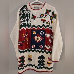 Vintage 1990 Knit-Set Hand Knitted Christmas Pullover Sweater Sz L Made In Korea